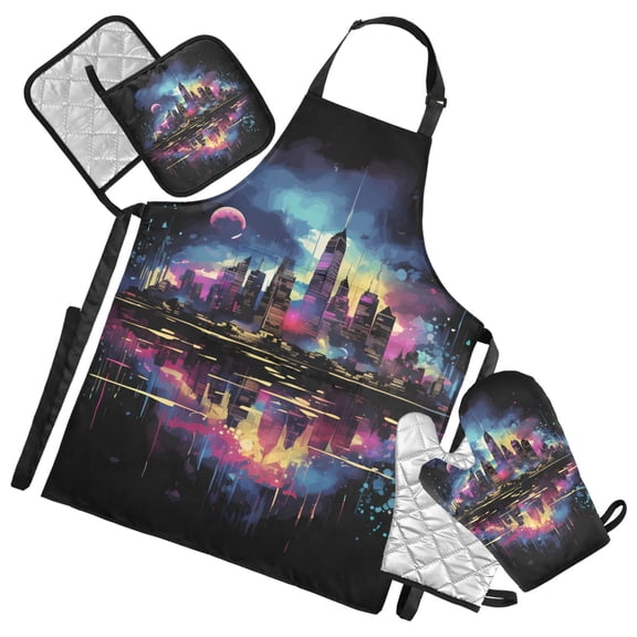 Colorful City Building and Moon 5 Pcs Kitchen Set Heat Resistant Oven Mitts and Non-Slip Pot Holders with Adjustable Cooking Apron