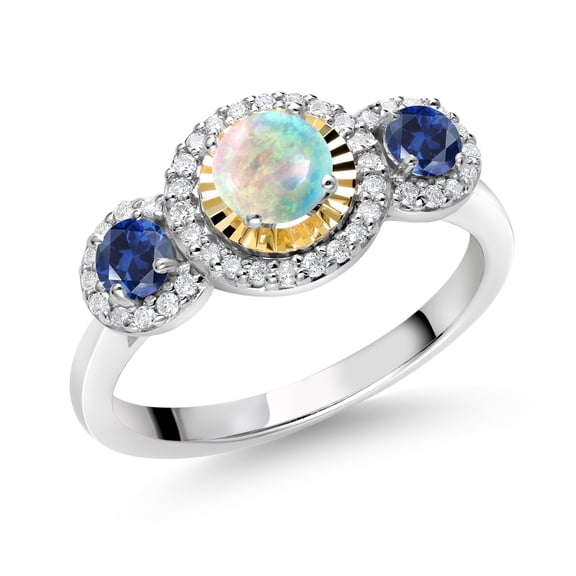 Gem Stone King 0.74 Ct Round Cabochon White Simulated Opal Blue Created Sapphire 925 Silver and 10K Yellow Gold 3 Stone Women's Lab Grown Diamond Ring (Size 7)