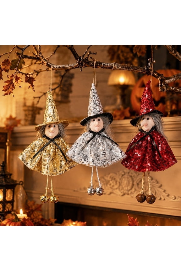 3Pack Halloween Witch Hat Sequined Doll Keychain Decorations for Party Home Display