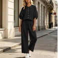 thumbnail image 4 of Women's Dressy Linen 2 Piece Outfits Cute Collared Button Down Shirt Wide Leg Pants Summer Business Casual Sets, 4 of 7