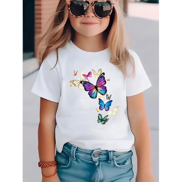 Girls' Summer Short Sleeve Knit Top with Cartoon Butterfly Print - Casual Round Neck Medium Stretch Machine Washable Shirt for Everyday Play & Outings, Shirts for Girls, Playtime Apparel, Nontran