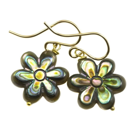 Abalone Earrings Mother of Pearl Paua Shell Peacock Blue Green Dainty Flower Shape MOP Drops 14k Gold Filled Spyglass Designs