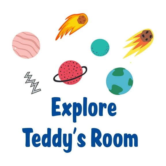 Custom Name Doodle Exploring Planets collectionWall Decal Decoration Explore Vibrant Cartoon Cartoon Space Decorating Ideas for Child's Bedroom Size: 20 In(W) x 20 In(H)
