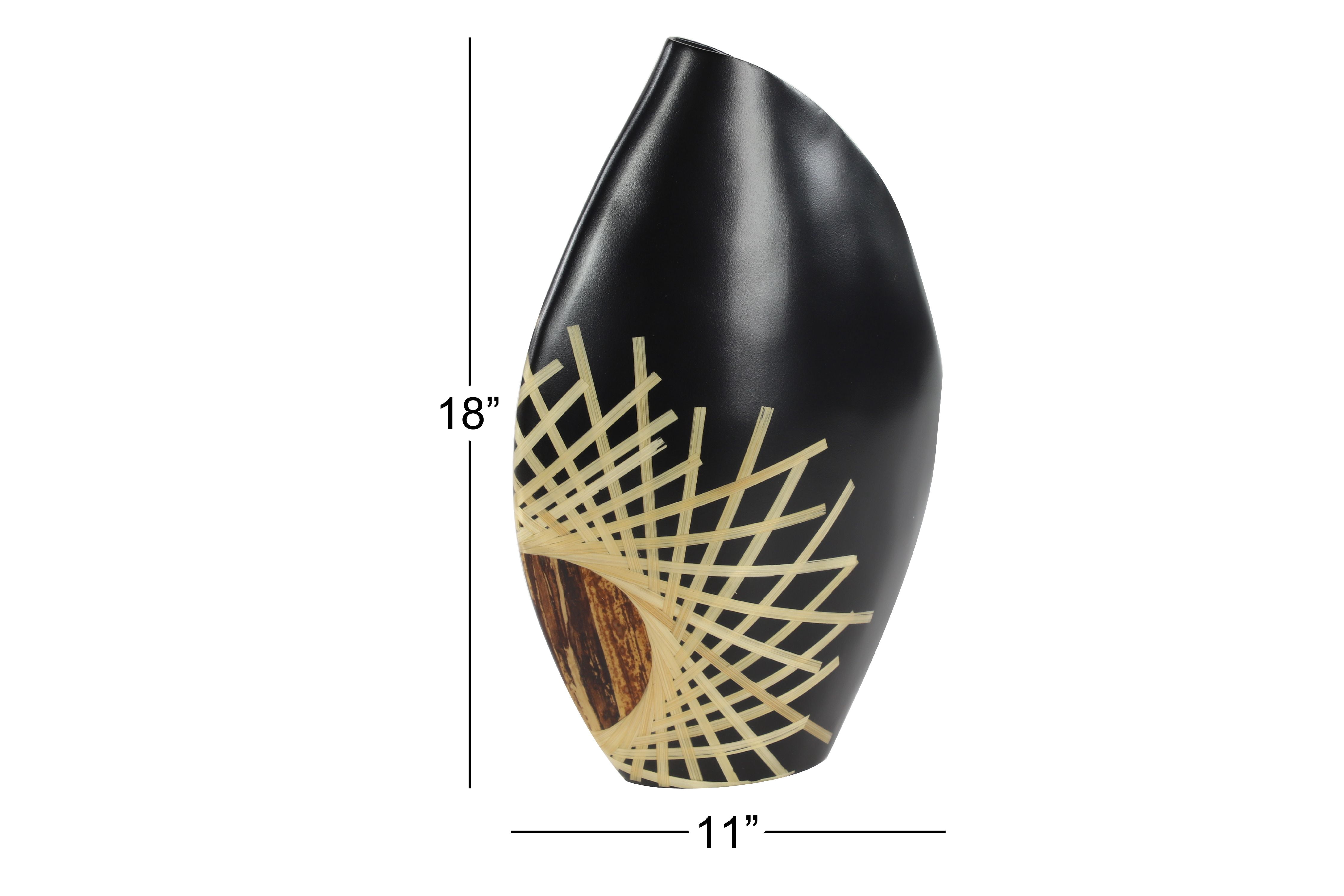 Decmode - Large Black Glazed & Bamboo Inlay Banana Wood Vase w/ Exposed Bark Detail, 11.5” x 18”