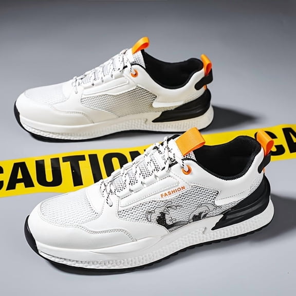 Men'S Low-Top Sneakers - Breathable Mesh & Synthetic, White & Black Accents, Cushioned MD/Rubber Sole, Lace-Up Casual & Light Sports Shoes Versatile Footwear, Modern Sneakers for All-Season Comfort,