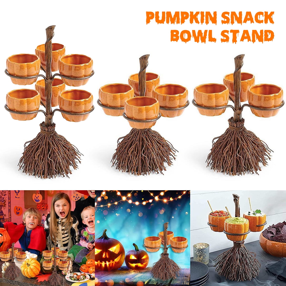 ATopoler Pumpkin Bowl Stand Broom Pumpkin Snack Plates Rack Halloween