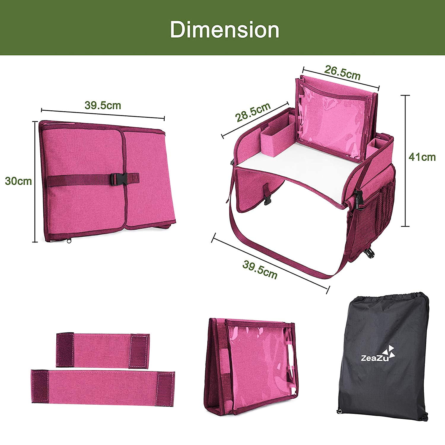 Kids Travel Tray with Bag - Toddler Car Seat Tray, Foldable Lap Travel Table Desk with iPad Holder, Drawing Board, Storage Pocket Organizer for Child Road Trip, Car Stroller, Airplane - Pink