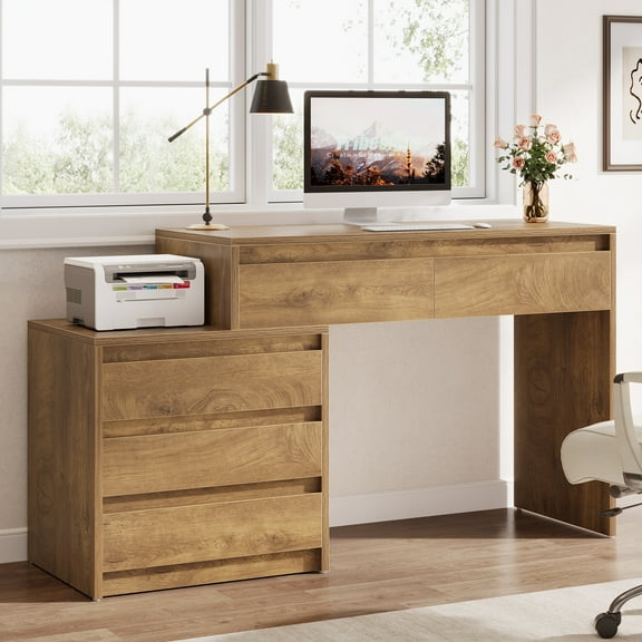 Tribesigns Home Office Computer Desk with 5 Drawers, 63" Executive Desk with 3-Drawer File Cabinet