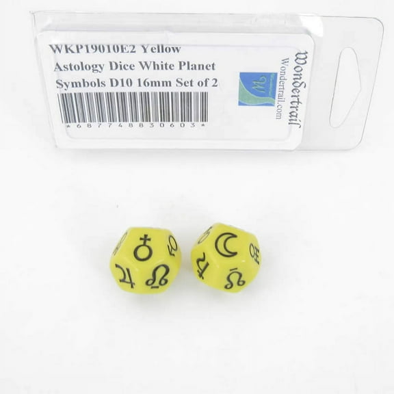 Yellow Astrology Dice with Black Planet Symbols D10 16mm (5/8in) Set of 2 Wondertrail