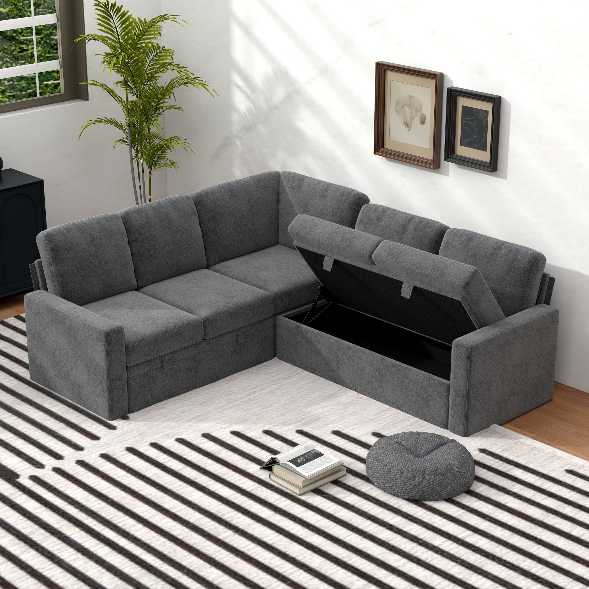 Gewnee 5-Seater Gray L-Shaped Convertible Sofa - Skin-Friendly & Wear-Resistant Chenille Fabric, Solid Wood Frame with Multifunctional Storage, for Living Rooms & Halls