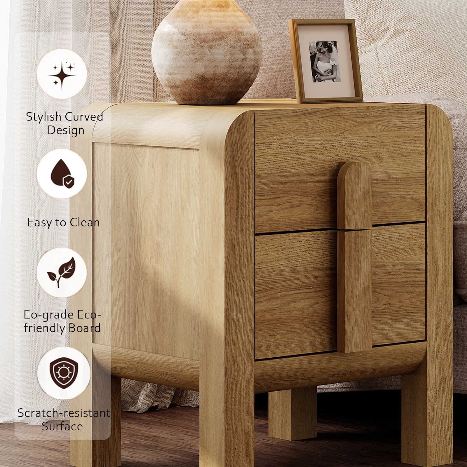 Mid-Century Modern Wood Nightstand with 2 Drawers ,Curved End Table with Built-In Charging Station for Bedroom, Living Room,Entryway