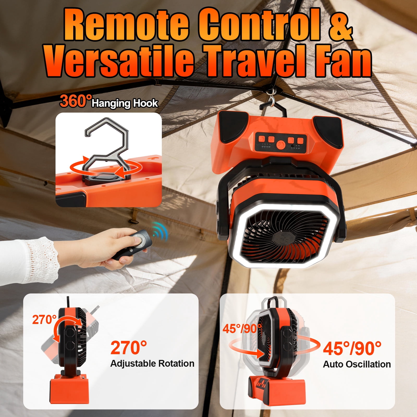 Camping Fan, 40000mAh Rechargeable Portable Fan with LED Lantern,Battery Powered Fan with 270°Head Rotation, 4 Speed Fan for Tents, Picnic, BBQ, Fishing, Outdoor