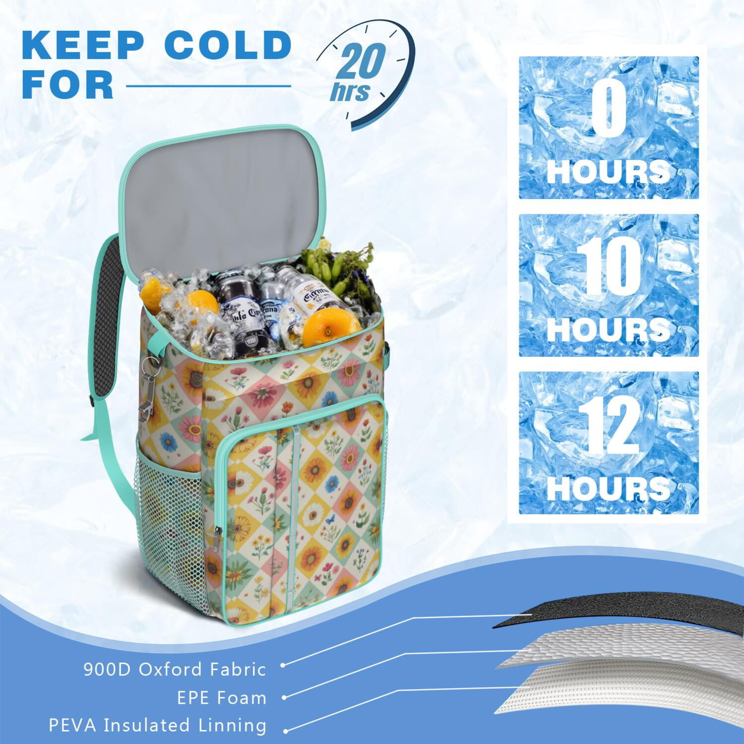 Travel Cooler Bag - Pioneer Flower Camping Beer Cooler Backpack with Bottle Opener- Waterproof Insulated Picnic Backpacks - Cooler Bag for Beach