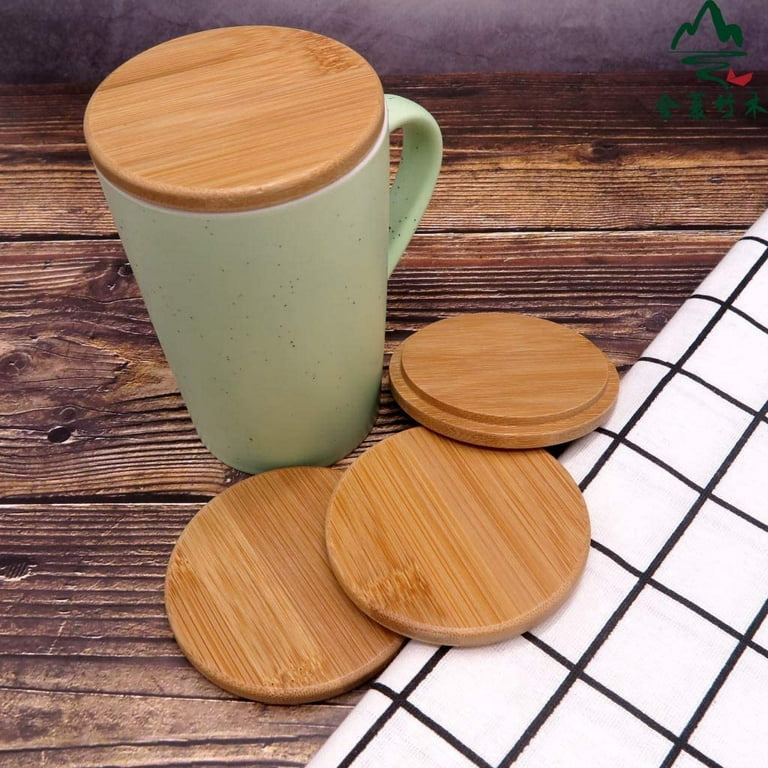 HOWAY Flat Bottom Mug with Wood Lid, Ceramic Tea Cup for Coffee Warmer,  Universal, Flat Bottomed, Wooden Handle, 14oz