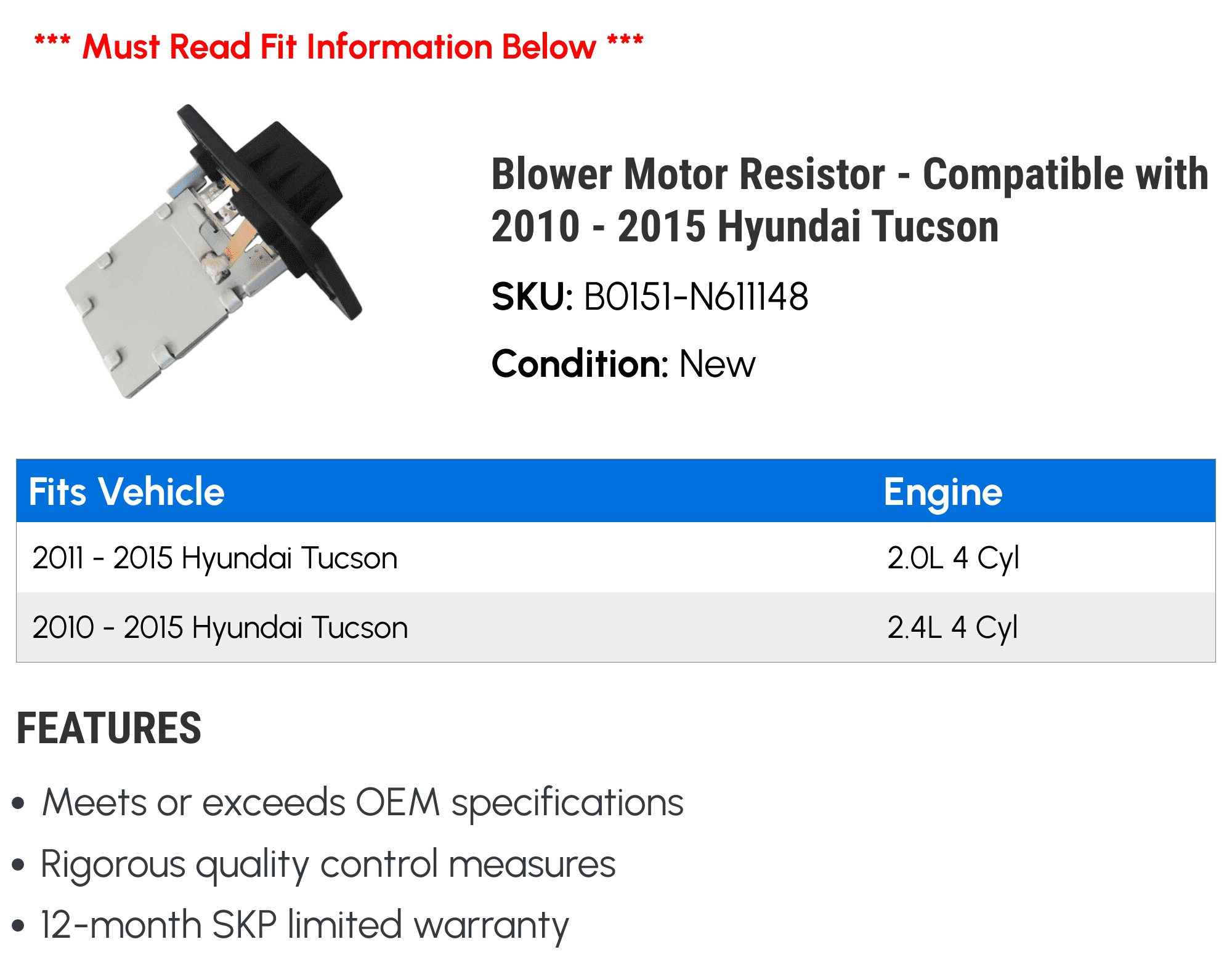 Blower Motor Resistor - Compatible with 2010 - 2015 Hyundai Tucson 2011 2012 2013 2014