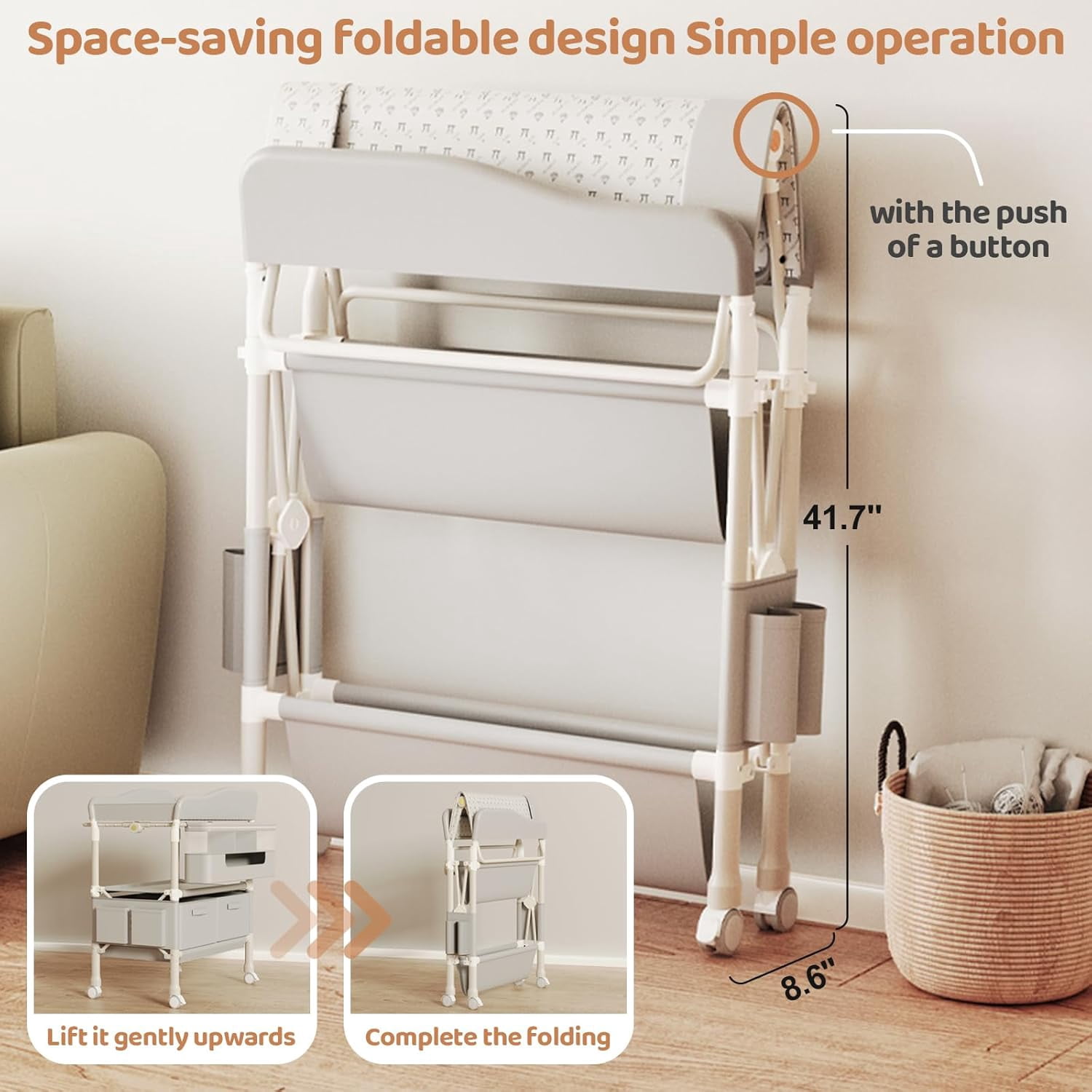 Multifunctional folding changing table with 2 drawers, portable baby changing station, includes toy shelf, mobile changing table and newborn compartment, height adjustable.