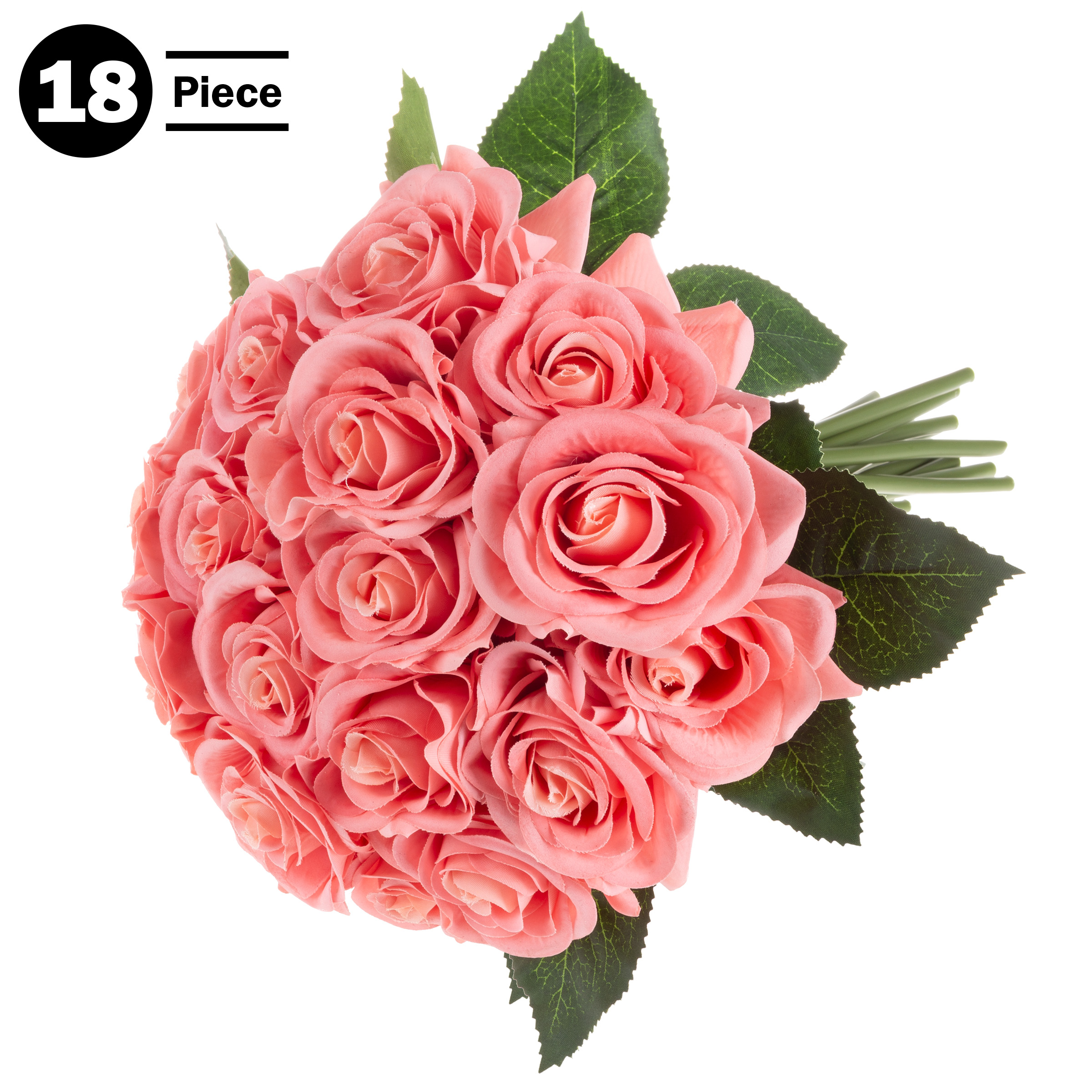 Villacera Artificial Flower Bouquet – Real Touch Faux Roses (18P, Coral)