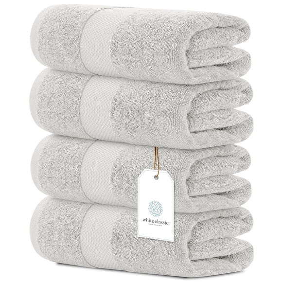 White Classic Luxury Bath Towels Large | 700 GSM Cotton Absorbent Hotel Bathroom Towel | 27x54 Inch | 4 Pack | Silver