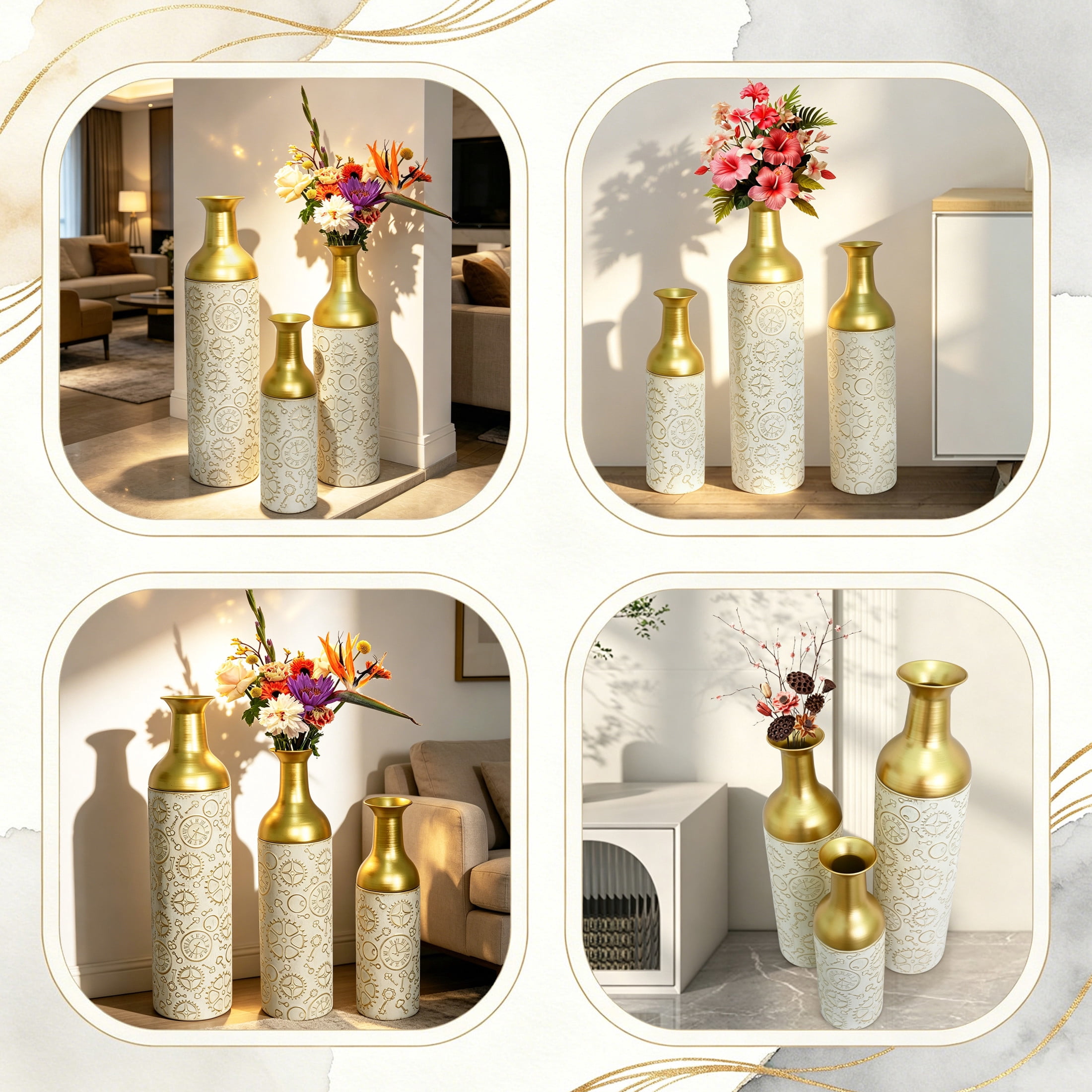 Noble House Set of 3 Decorative Metal Floor Vases, Clockwork Pattern Tall Vases, Antique White+Gold