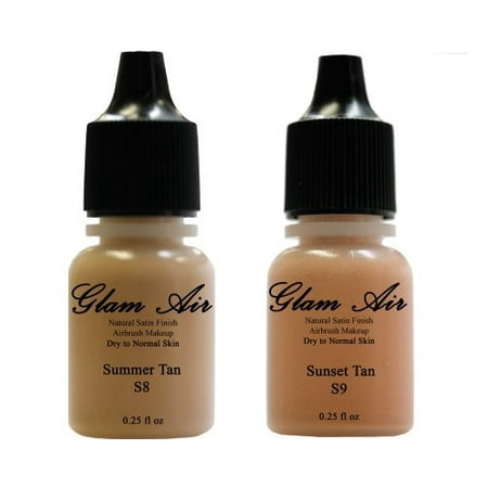 Two(2) Glam Air Airbrush Foundation Makeup S8 Summer Tan & S9 Sunset Tan in Satin Finish 0.25oz Bottles(normal to Dry