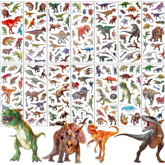 Dianosaur Stickers for Kids, JANYUN 14 Different Sheets 200 Counts 3D Puffy Stickers Craft Scrapbooking for Children Dinosaur Lovers for Stationery, Luggage, Teaching Rewards