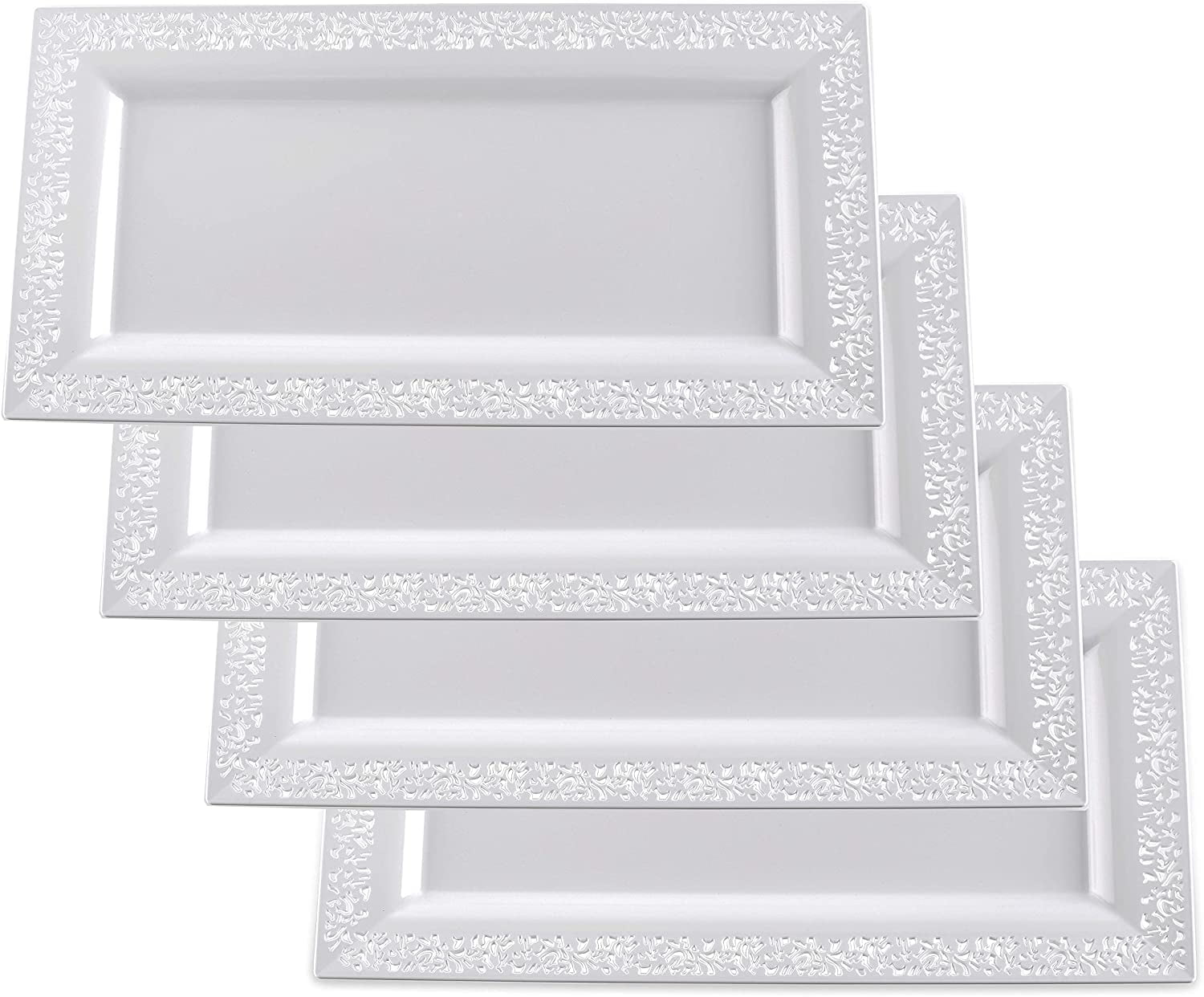 Yumchikel - Elegant Plastic Serving Tray & Platter Set (4pk) - White Lace Rim Disposable Serving Trays & Platters for Food - Weddings, Upscale Parties, Dessert Table, Cupcake Display - 7.5 x 14 inches