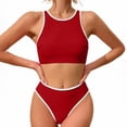 thumbnail image 5 of Mceream Womens Solid Color Onepiece Swimsuit Fashionable and Neck Color-Blocked Bikini Swimsuit Red S, 5 of 9