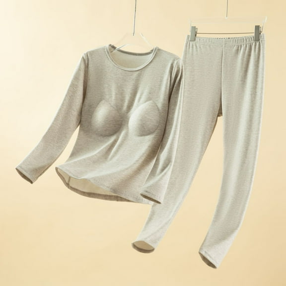 Fewfanhot Women Soft Thermal Underwear Set with Built-In Bra and Round Neck for All-Day Comfort in Chilly Indoor