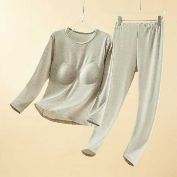 Conjuntos de ropa interior térmica para mujer, otoño e invierno, suave, cálida, de manga larga, cuello redondo y sujetador incorporado, ropa interior térmica adecuada para climas fríos, parte superior