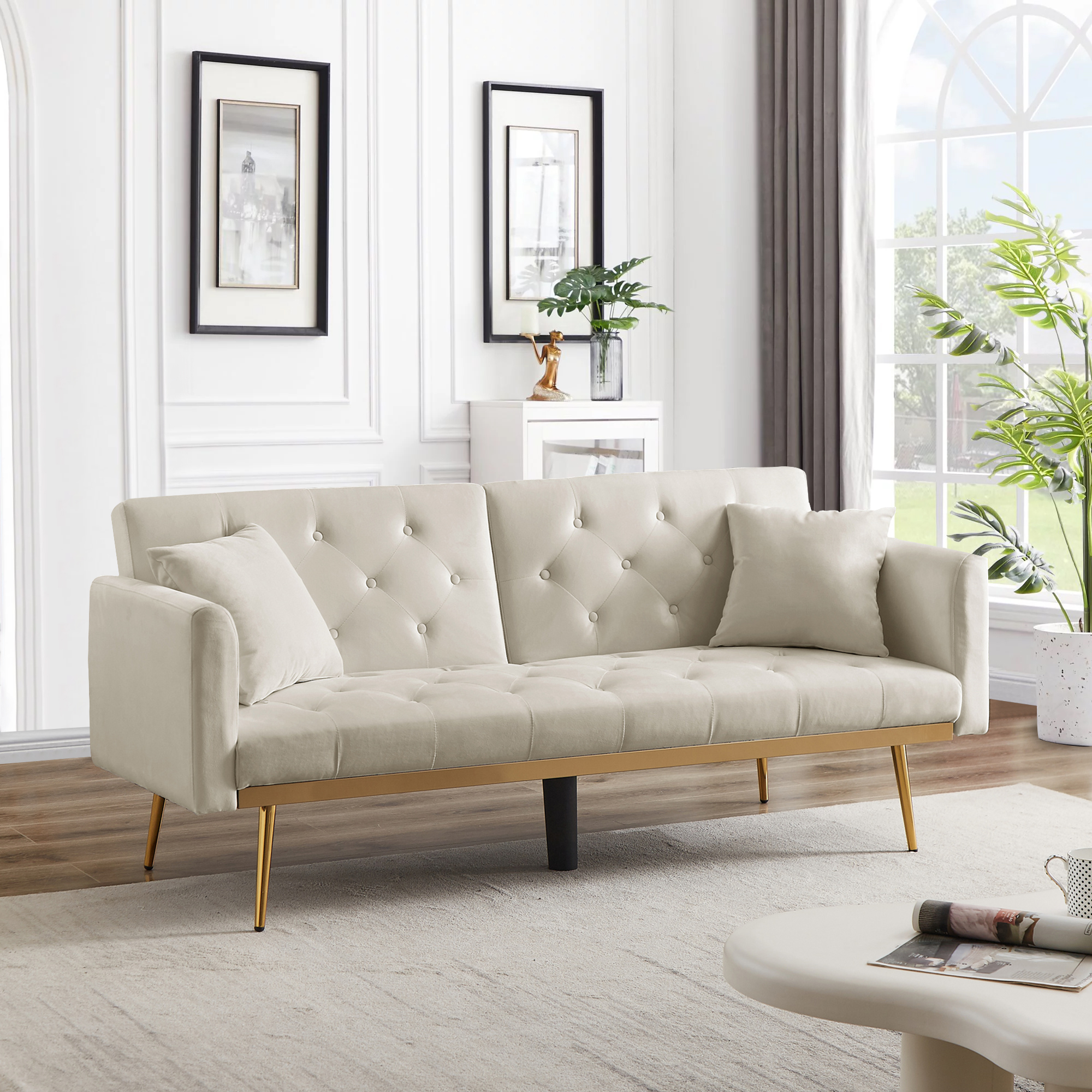 71 Inches Futon Sofa Bed, Modern Velvet Sofa Sleeper Bed with 2 Pillows