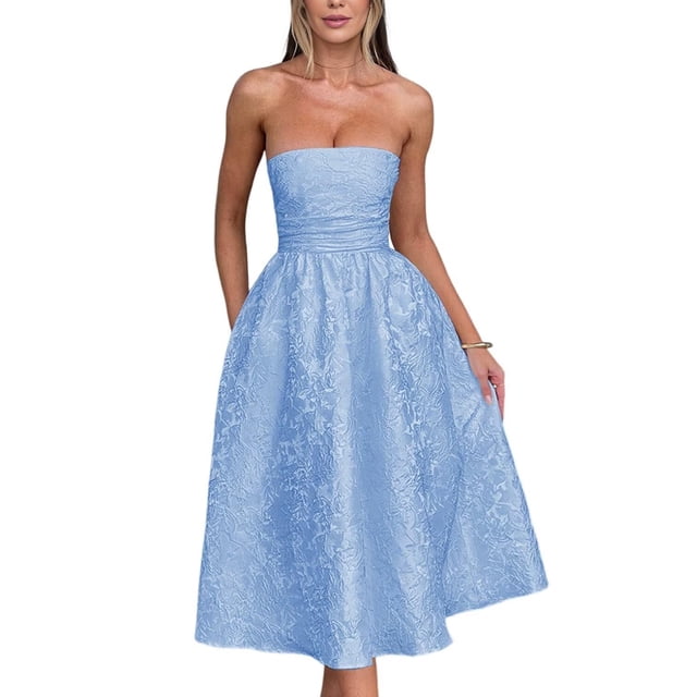 Vestidos de verano sin tirantes para el regreso a casa con bolsillos, corsé, línea A, midi, para fiesta de cóctel, vestidos de color azul empolvado