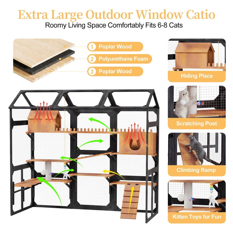 Mirightone Catio Outdoor Cat Enclosures Window with Wire Mesh & 2 Plant Stands, Large Outside Cat House with Weatherproof, Resting Box, Climbing Ramps for Backyard - Black