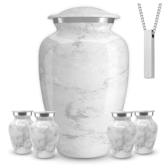 Set of 6 Custom Engraved Cremation Urns for Human Ashes Includes 1 Large Urn with 4 Small Keepsakes & 1 Silver Necklace - White Marble