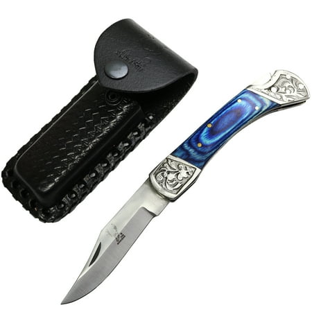 TheBoneEdge 9 Blue Wood Handle Stainless Steel Blade Folding Knife With Leather Pouch