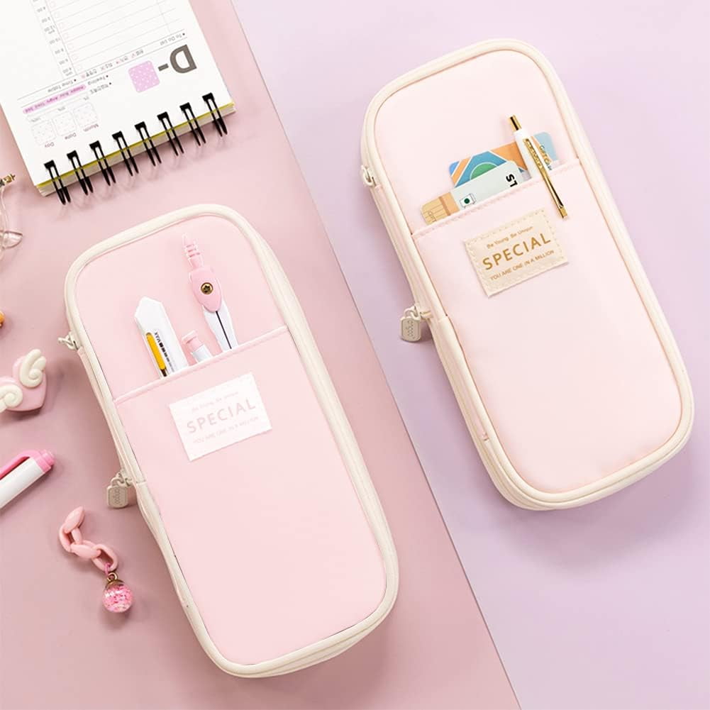 QCQHDU Canvas Big Capacity Pencil Case, Pink