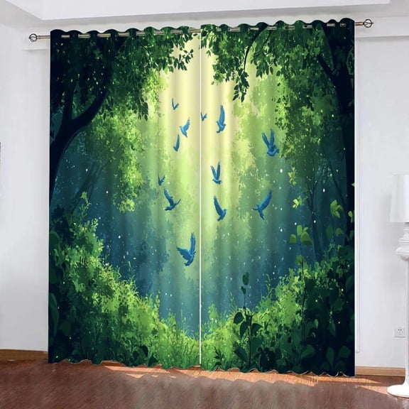 Bird Forest Window Curtain, Nature Landscape Green Spring Print Blackout Curtains, Grommet Drapes 2 Panel Set For Living Room Bedroom Kitchen Decor 38"W x 45"L (Pack of 2)
