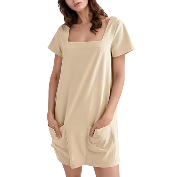 JIAYUE Women's Dress Short Sleeve Above Knee Casual Vacation Round Neck Solid Color For Travel With Leggings Comfortable Breathable Loose Fit Stylish Female Dresses