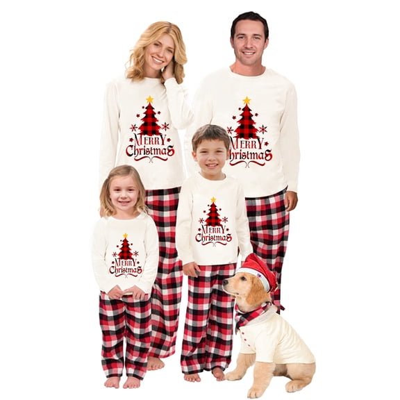 RUINIXCW Christmas Family Matching Pajamas Set Christmas Jammies Family Holiday Outfits Xmas PJS Set Sleepwear for Whole Family Tree Letter Print Long Sleeve Tops and Plaid Pants Set