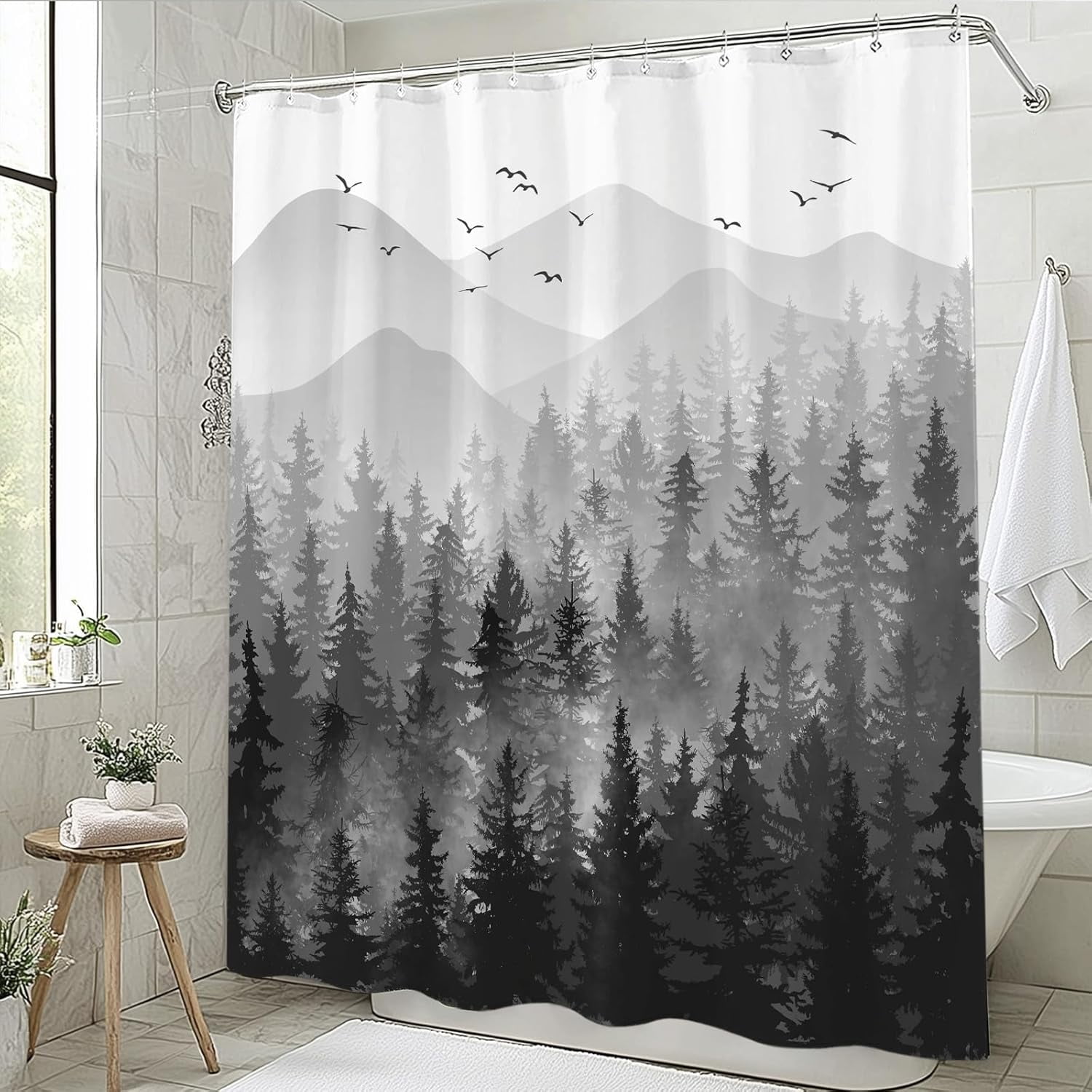 Black and White Misty Forest Shower Curtain Ombre Dark Gray Mountain Pine Tree Waterproof Fabric Shower Curtains for Bathroom Grey Nature Woodland Decorative Bath Curtain Decor 72×72 Inches