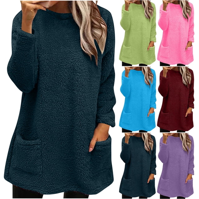 Blouse d'Hiver Ample à Manches Longues pour Femmes avec Poches - Haut à Col Rond Extensible pour Tenue Décontractée