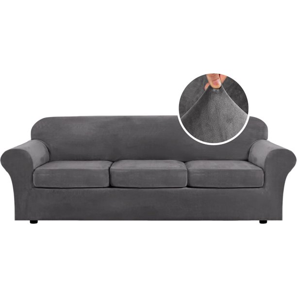 4 piezas de fundas de sofá de terciopelo grueso para sofá de 3 cojines, fundas de sofá de alta elasticidad, protector de muebles, funda de sofá de lujo para perros, lavable a máquina (sofá, gris), gris, extragrande
