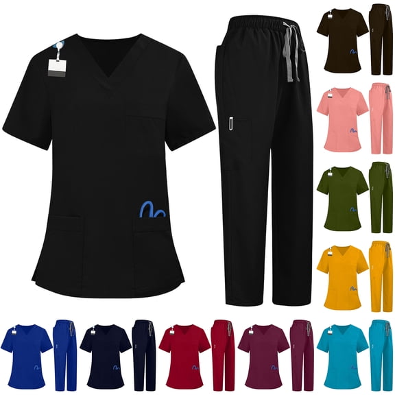 Hearthz Medical Uniform Women's Scrubs Set Classic V-Neck Top & Jogger Pants Scrubs Women Set
