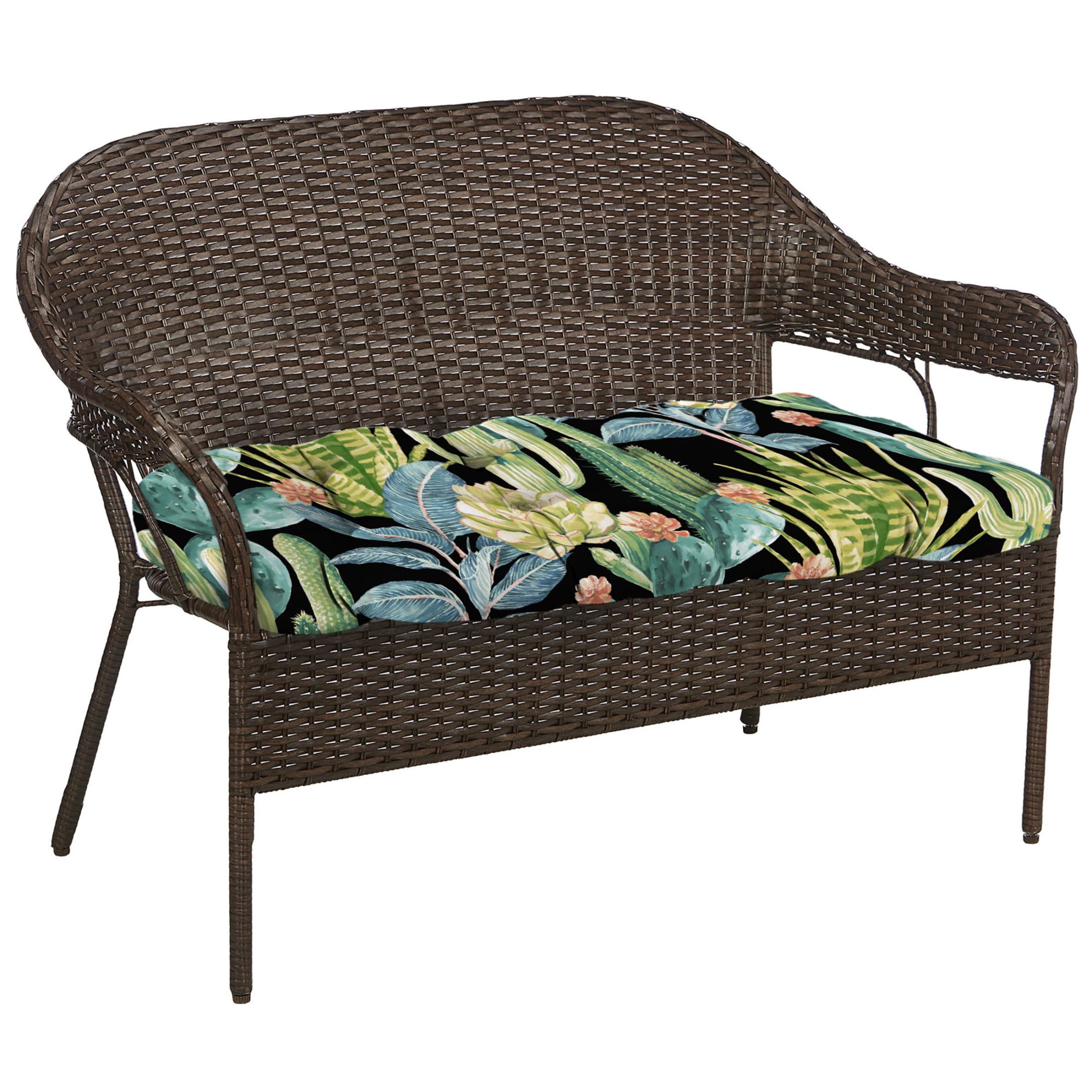 Jordan Manufacturing 44" x 18" Hatteras Ebony Black Floral Rectangular Tufted Contoured Outdoor Wicker Settee Bench Cushion