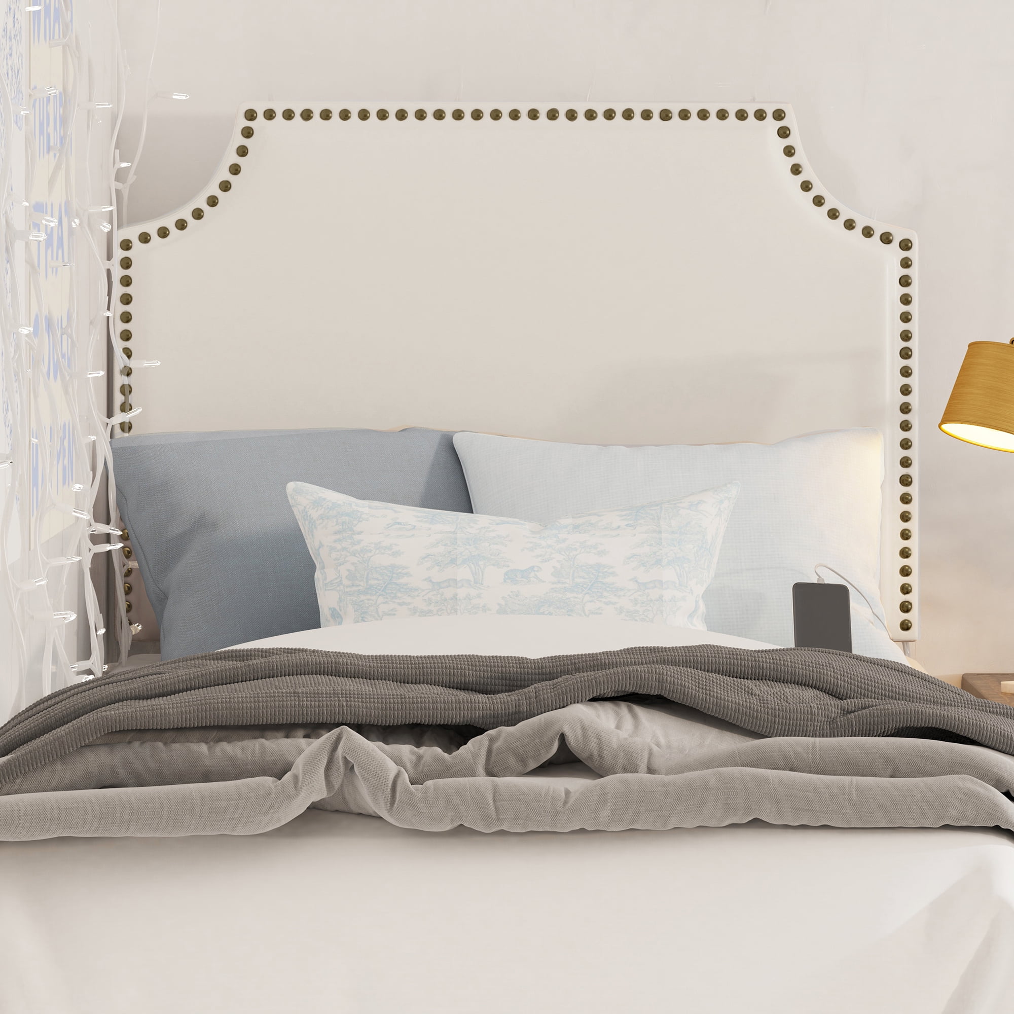HH2 Home Hanging Twin Headboard with Nailhead and USB Charging, White Faux Leather