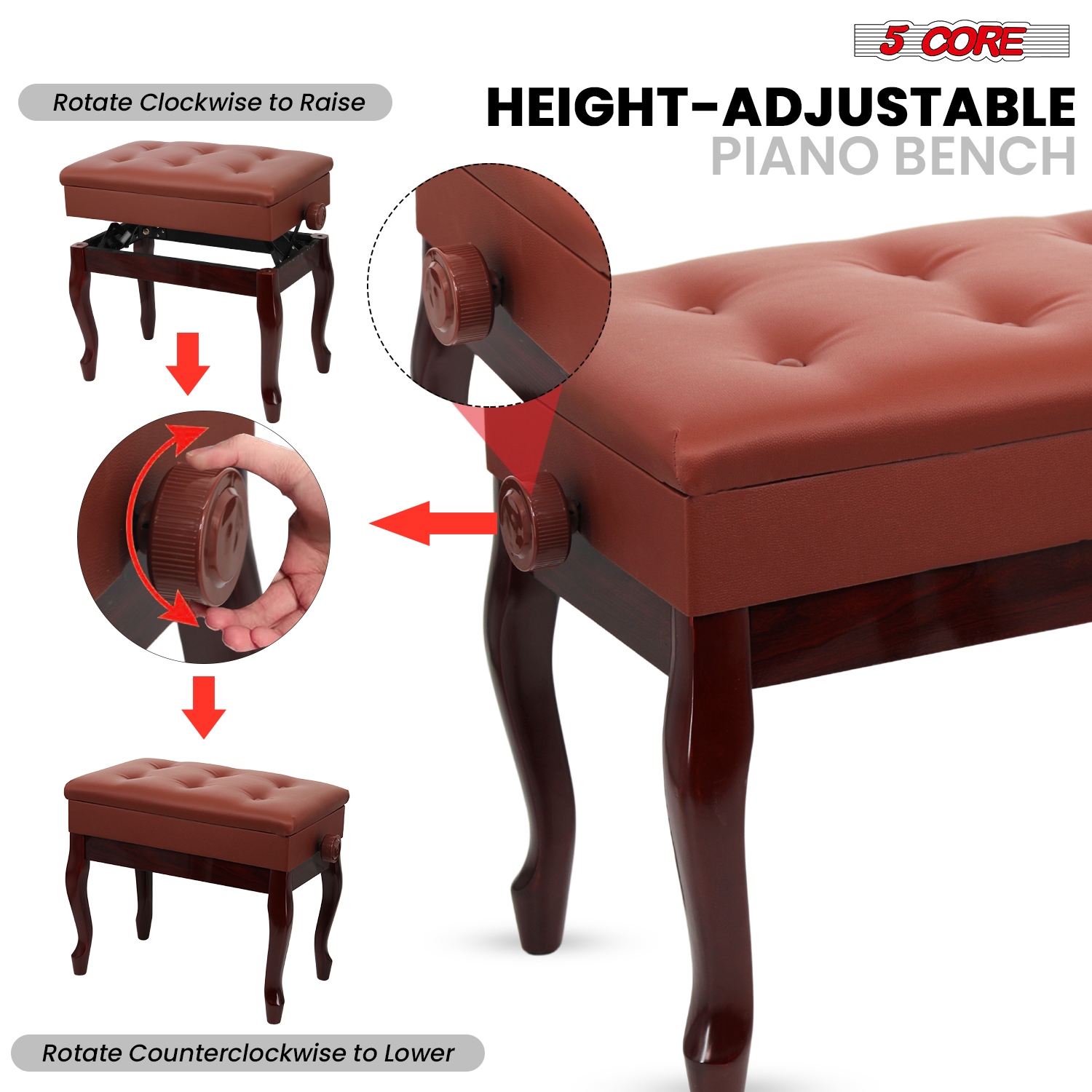 5 Core Adjustable Piano Bench Thick 3.25" Solid Wood Keyboard Stool Heavy Duty Musician Chair