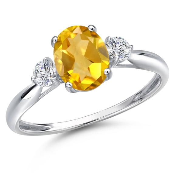 Gem Stone King 10K White Gold Yellow Citrine and Lab Grown Diamond 3-Stone Ring for Women | 1.52 Cttw | Oval 8X6MM | Gemstone November Birthstone | Size 7