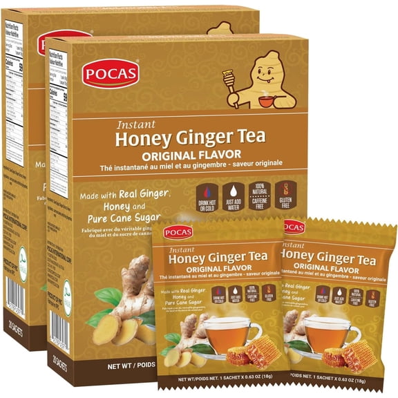 Pocas Honey Ginger Instant Tea Powder 2-Pack with Ginger Extract & Real Honey, Caffeine-Free Tea, 20 Packets per Box