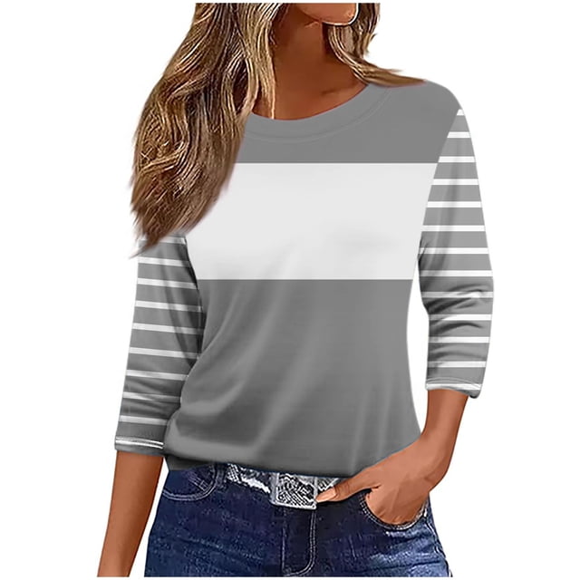 aidice T-Shirts pour Femmes Décontractés à Col Rond Manches 3/4 Hauts Ajustés Confortables Chemises à Rayures à Blocs de Couleur