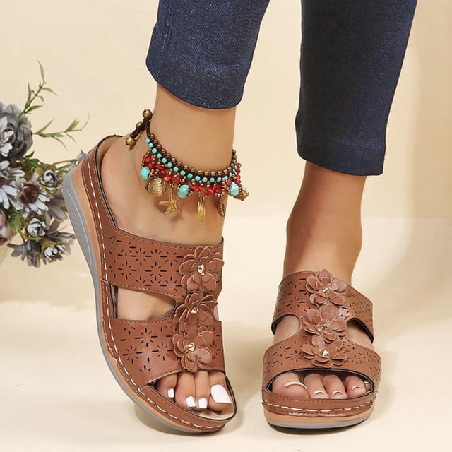 SEANOPEN Deals Women's Comfortable Platform Wedges Hook&Loop Adjustable Strappy Flower Black Sandals -Rhinestone Rivets Ladies Indoors Or Outdoors Comfortable Brown Slides For Women Size 7.5 Brown
