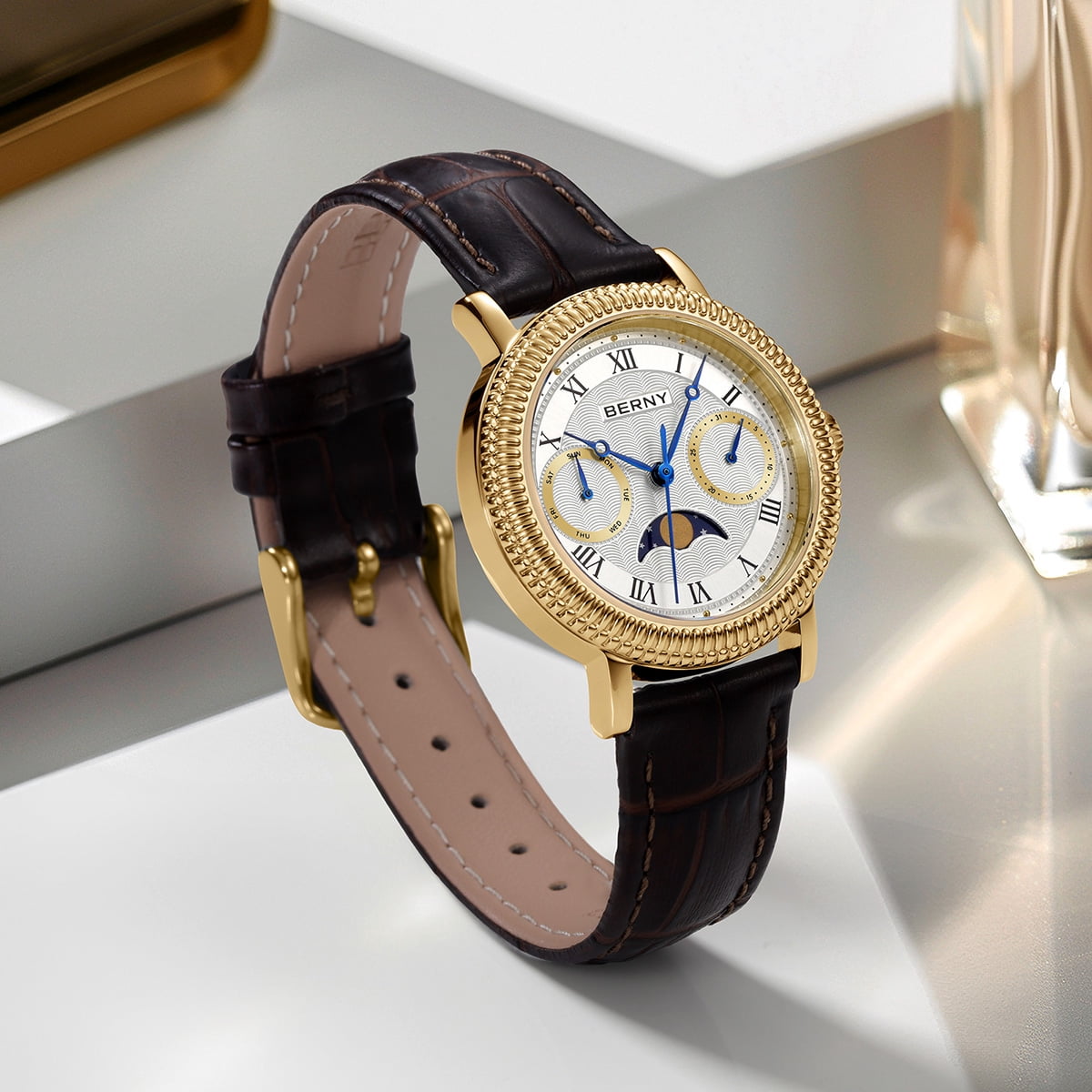 BERNY Womens Leather Watch, Vintage Roman Numerals Luxury Moon Phase Watch with Day & Date, Stainless Steel, Sapphire Crystal, Waterproof, Fashion Dress Analog Quartz Wrist Watches for Women (Gold)